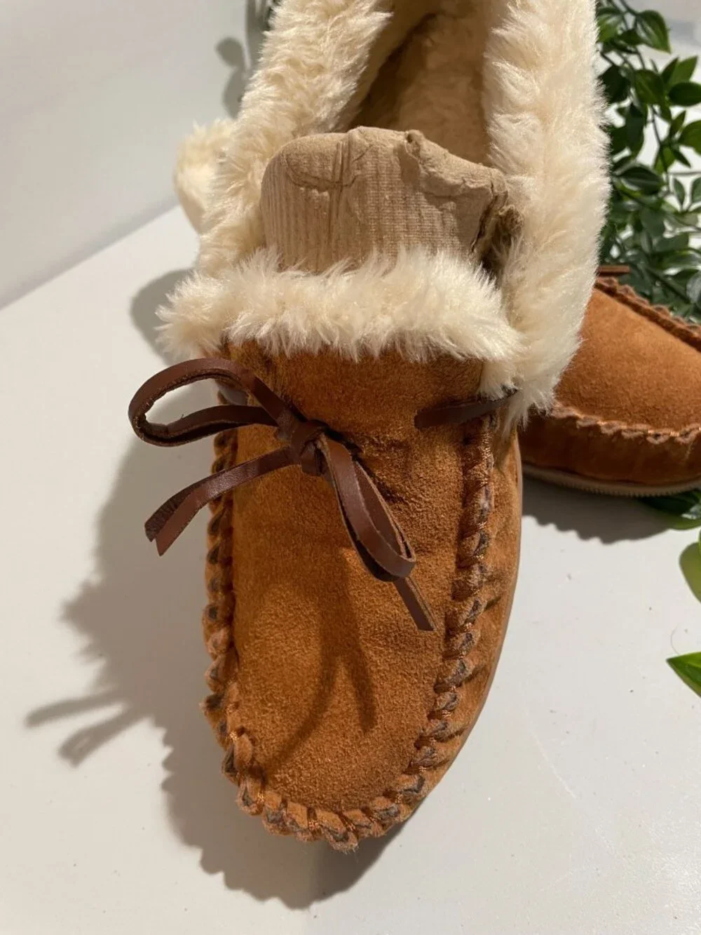 J.Crew Womens Faux Fur Lined Moccasin Slippers Size10 Suede Tan&Cream Rubber Sol